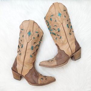 Corral western brown inlay laser cut blue cowgirl snip toe costal cowgirl